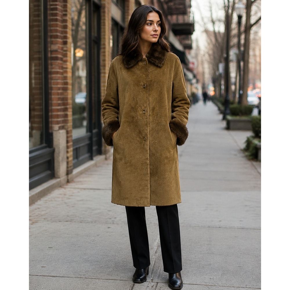 LNR by‎ La Nouvelle Renaissance Brown Genuine Leather Suede Faux Fur Coat Large